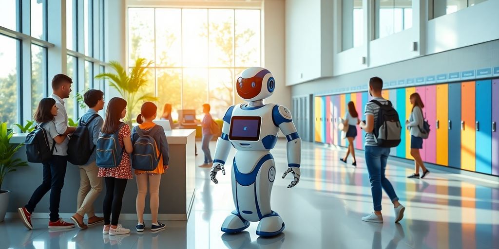 friendly humanoid robot assisting students at modern school reception desk.