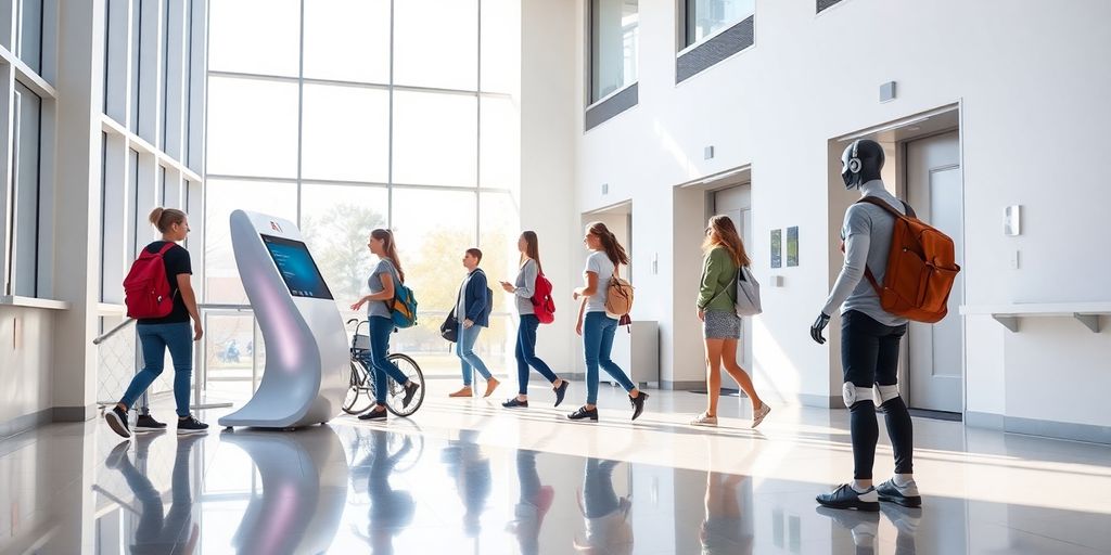 Students engaging with an AI kiosk in inclusive school lobby