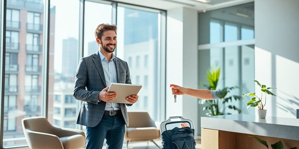 Leasing agent with tablet meets tenant in modern apartment lobby.