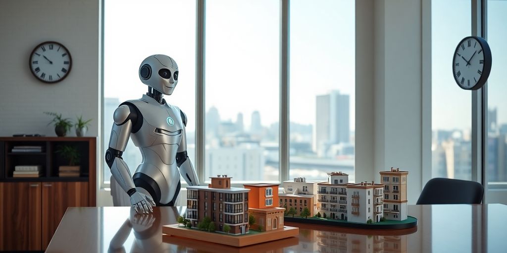 AI robot and leasing agent in office with clock, models