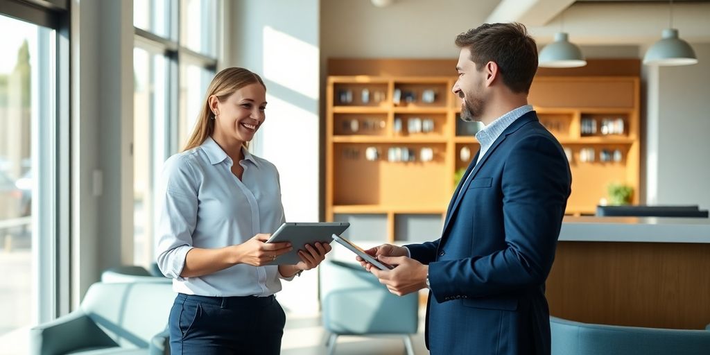 Leasing agent smiling interacting with tenant in modern office lobby.