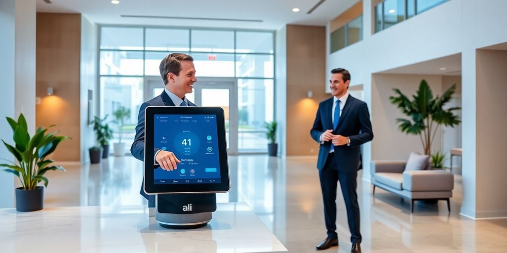 Property manager using AI kiosk in modern lobby setting smiling.