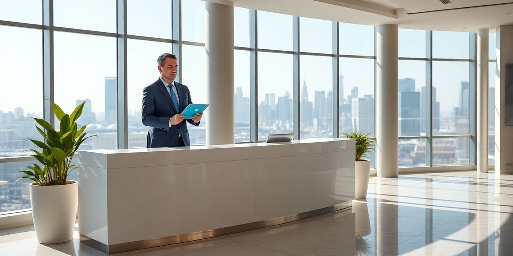 Property manager holds glowing tablet in bright modern lobby interior.