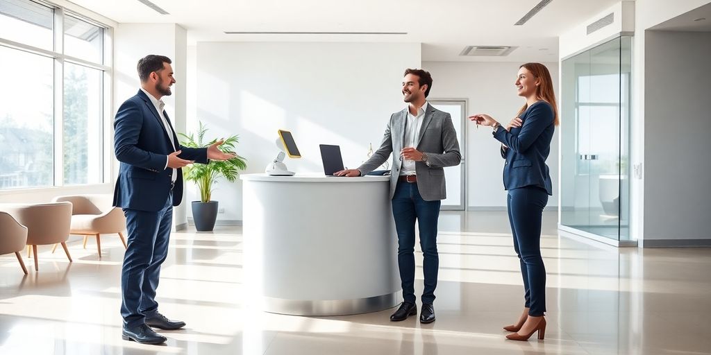 Modern lobby reception with robot assistant, property manager, happy tenant