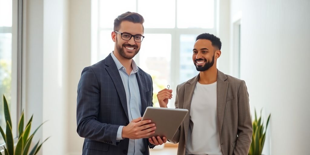 Landlord using tablet while handing apartment keys to tenant indoors