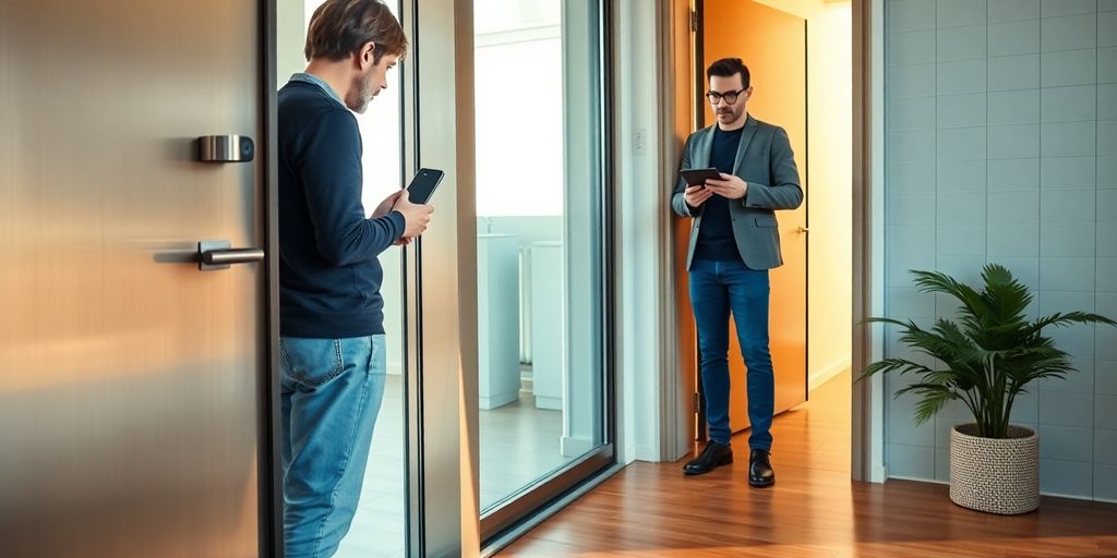 Tenant scanning smartphone at modern apartment entrance for digital check-in
