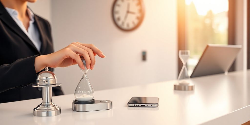 Receptionist taps smartphone timer at modern front desk, silver hourglass