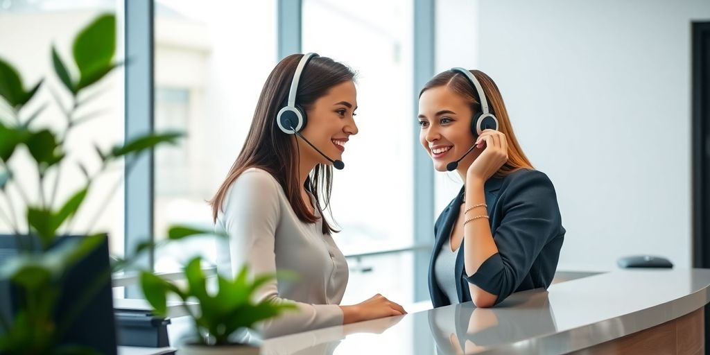 Receptionist at desk wearing sleek wireless headset, smiling while speaking.