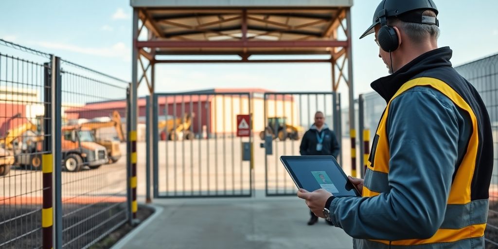 Guard scans visitor badge with tablet at industrial entrance gate.