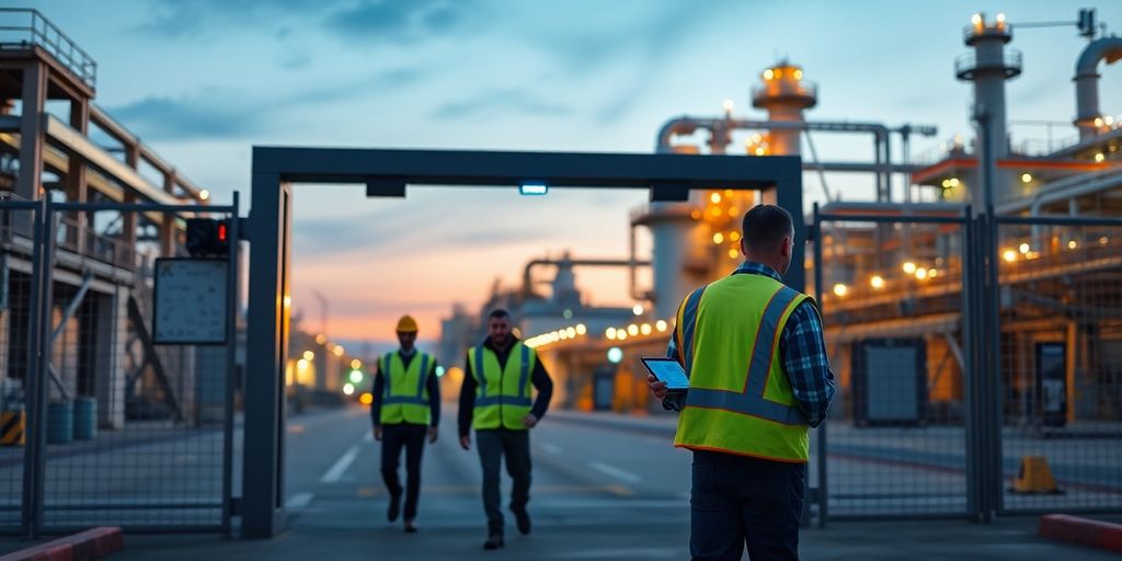 Industrial entrance, cameras, guard, workers in vests, steel structures, pipelines.