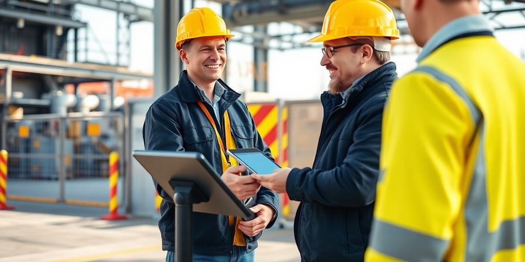 Security officer assisting hard hat visitor at industrial entrance check-in