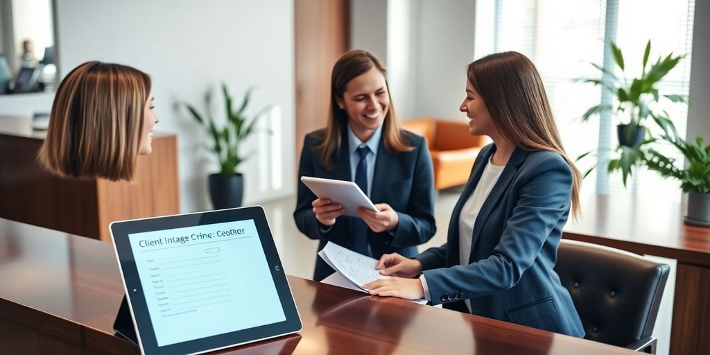 Receptionist hands digital tablet to client at modern law desk