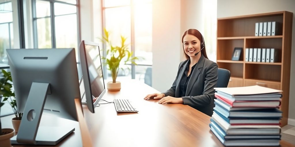 Receptionist with headset at modern desk computer in bright lobby