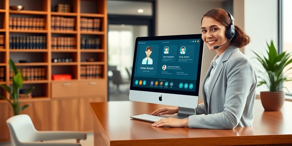 Reception desk computer screen, smiling receptionist with headset, books, plant.