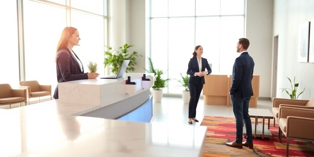 Receptionist in headset greets smiling visitor at bright modern desk