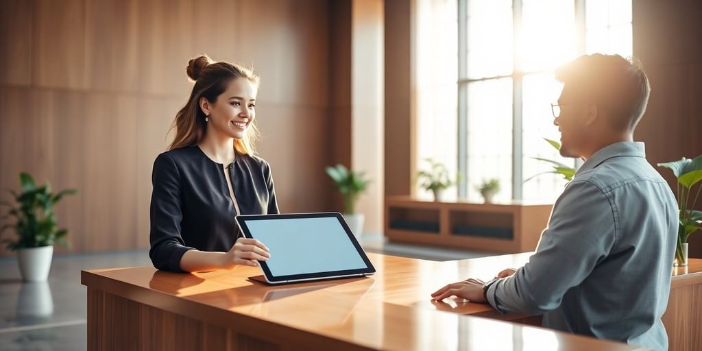 Receptionist smiling at guest with digital tablet in modern lobby