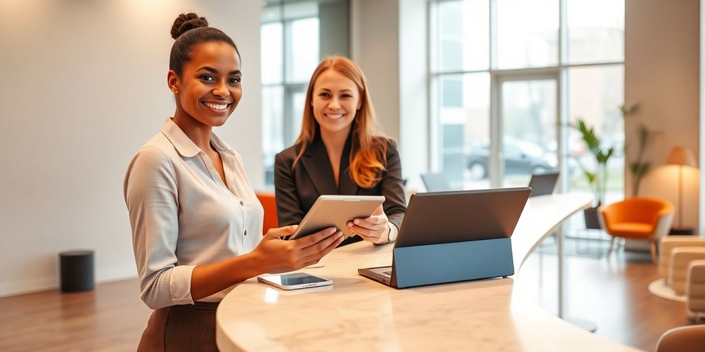 Receptionist assisting customer at modern front desk holding a tablet.