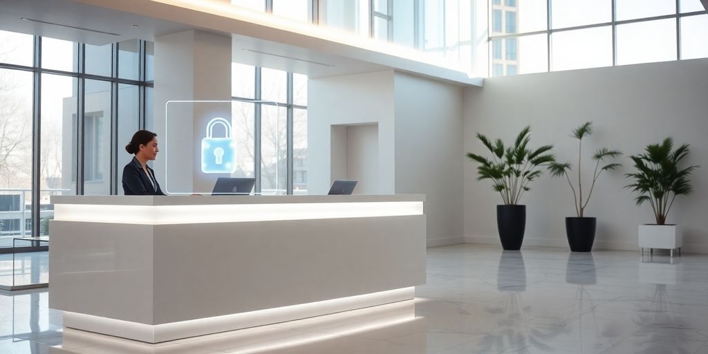 Receptionist looking at holographic padlock on tablet in modern lobby