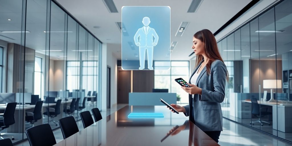 Office receptionist interacting with transparent holographic assistant and modern devices