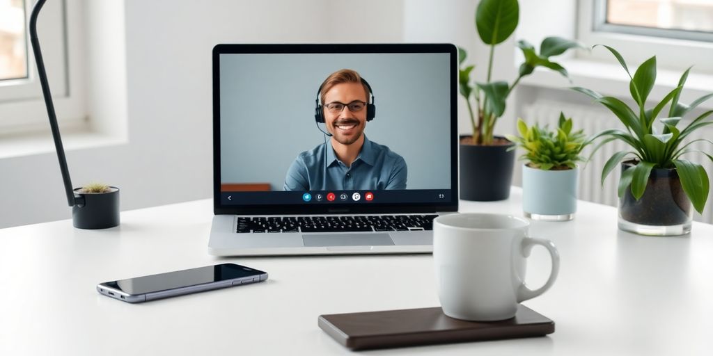 Smiling remote assistant wearing headset at clean desk with laptop