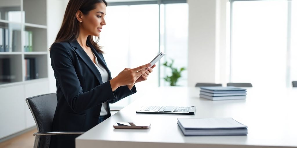 Lawyer tapping tablet at a bright office desk with smartphone.