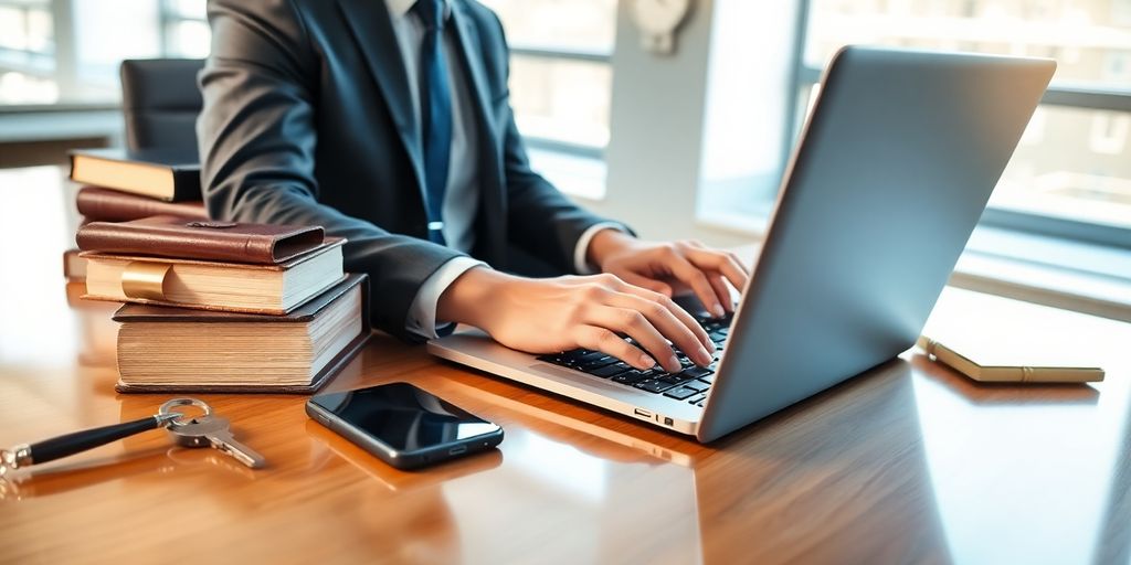 Attorney working on laptop with law books and security key.