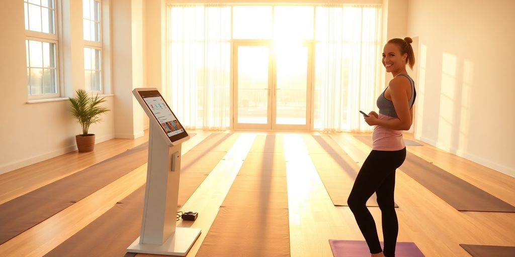 Student scanning smartphone at digital kiosk in sunlit yoga studio