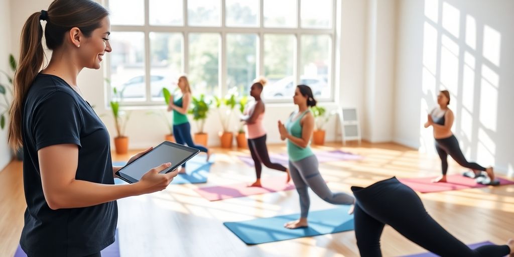 Yoga instructor and students practicing poses in modern sunlit studio