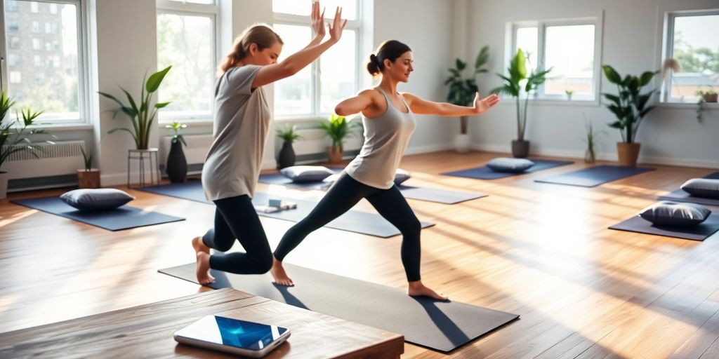 Yoga instructor guiding student in sunlit studio with glowing smartphone