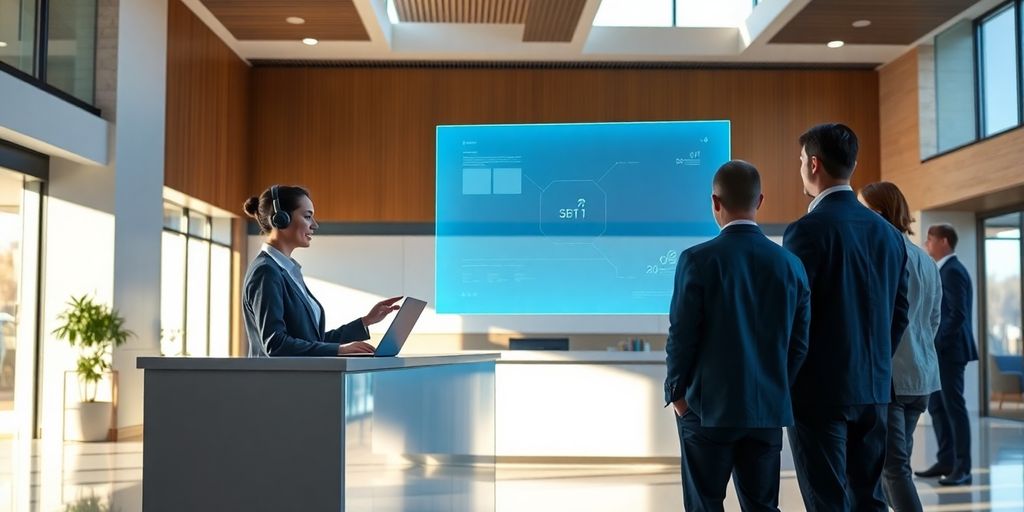 Reception agent interacts with glowing holographic interface in modern lobby