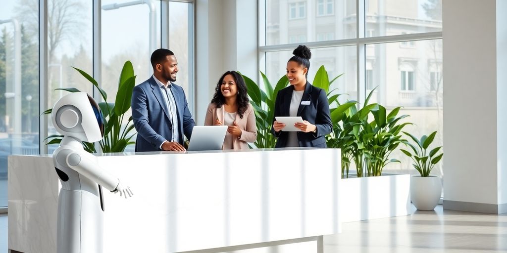 Sleek service robot and receptionist greet couple in modern lobby