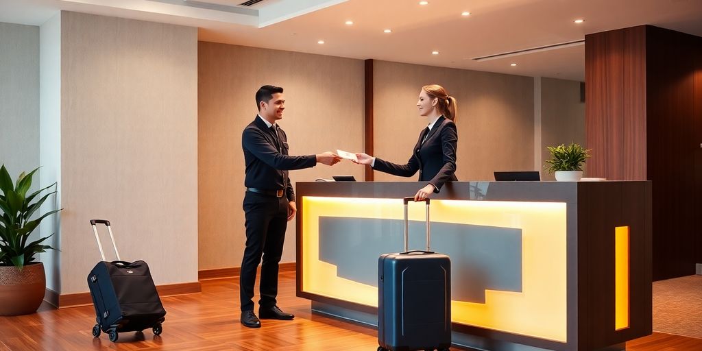 Modern front desk with digital display, receptionist greeting a guest.