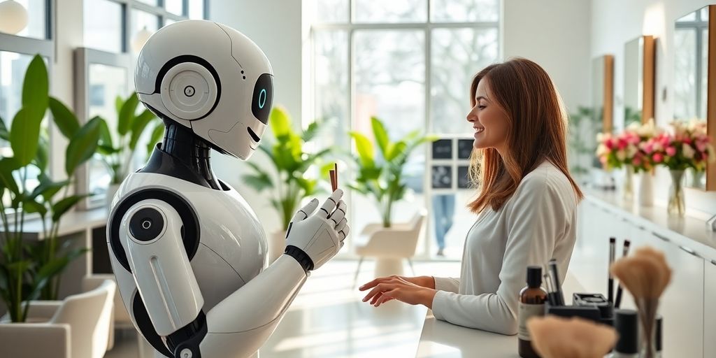 Humanoid robot receptionist smiling at female client in modern salon