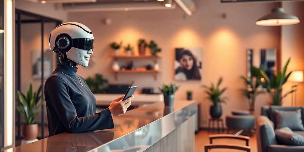 Sleek humanoid AI receptionist assisting a smiling customer in salon.