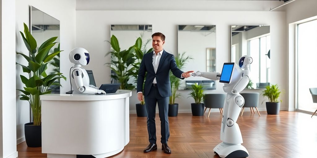Humanoid robot receptionist smiling at client in bright modern salon