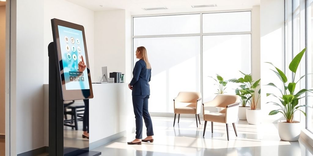 Patient uses touchscreen kiosk in bright, modern clinic reception area