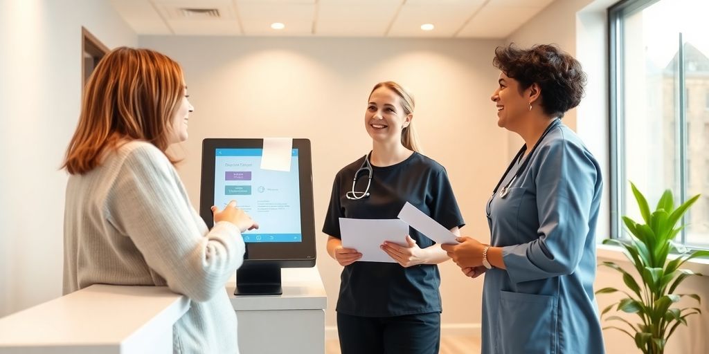 Patient using clinic self-service touchscreen kiosk with staff smiling nearby