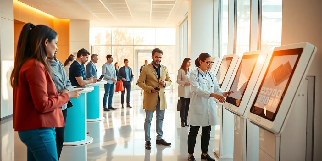 Diverse patients using self-service kiosks in bright modern clinic lobby