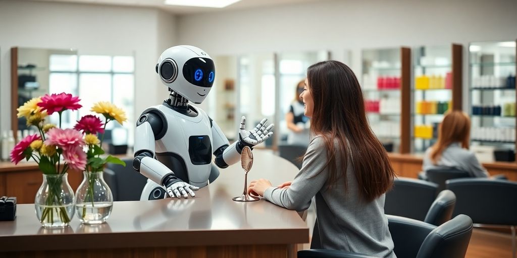 Robot receptionist at salon desk greeting smiling stylist and client