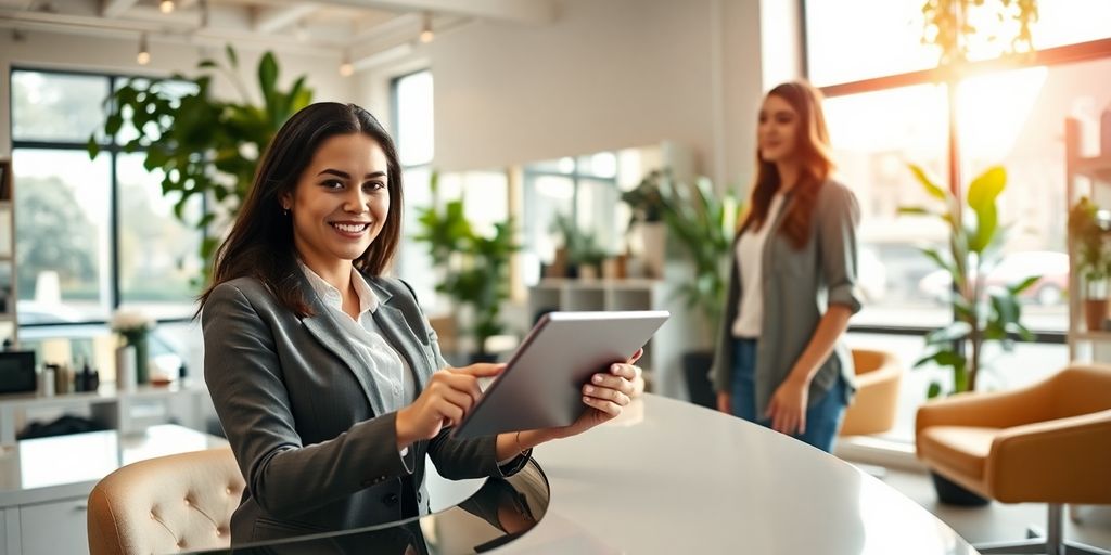 Salon receptionist using touchscreen tablet while client patiently waits smiling.
