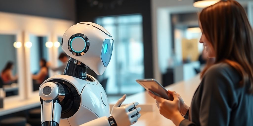 Sleek robot interacting with salon client.