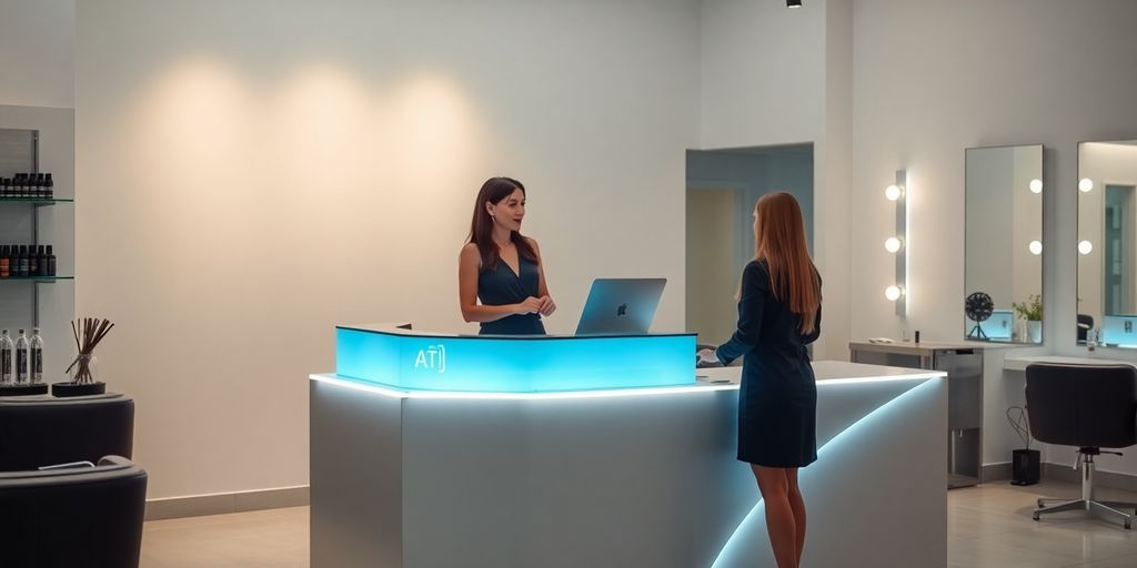 Stylist and client at AI salon front desk.