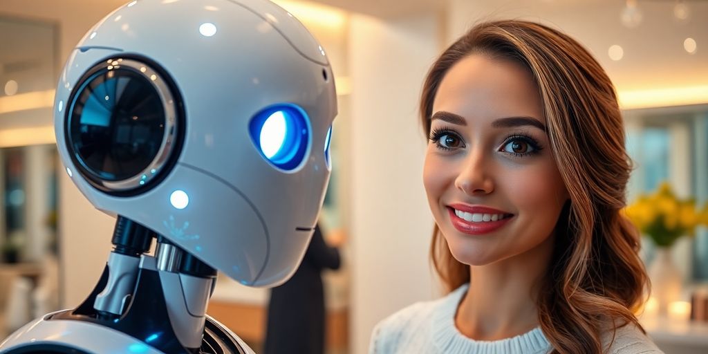 AI receptionist greeting happy lash bar client