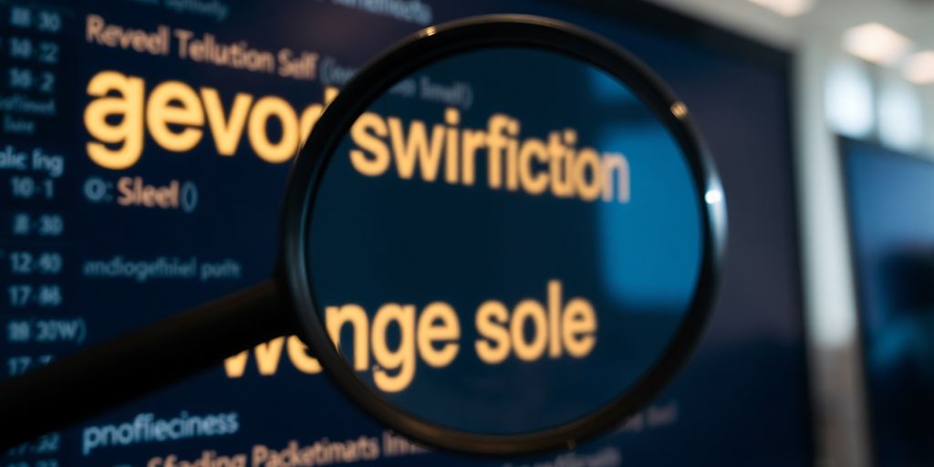 Magnifying glass over glowing keywords on a screen.