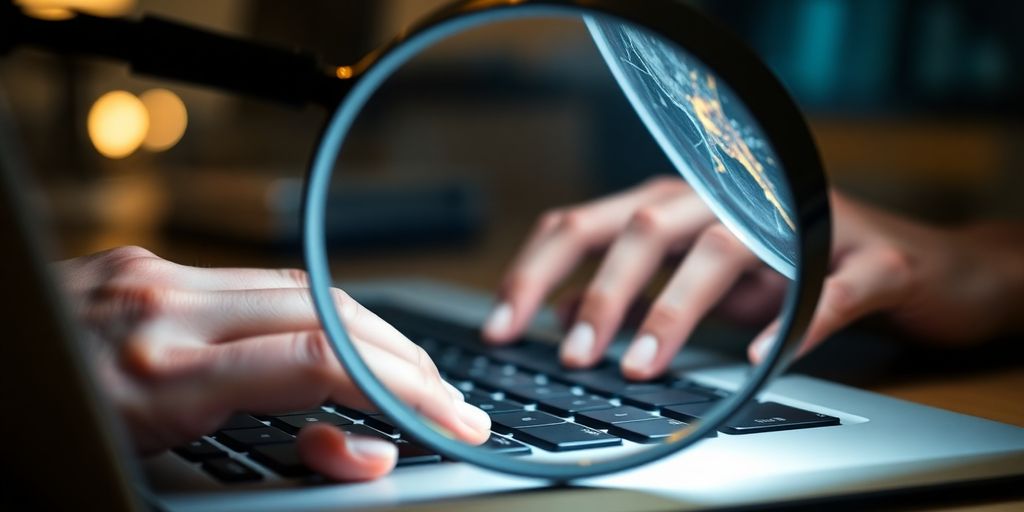 Magnifying glass over a keyboard, glowing successful keywords.