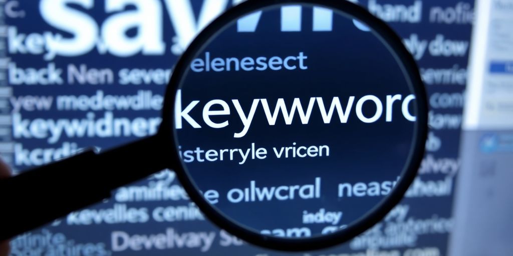 Magnifying glass over diverse keywords on screen.