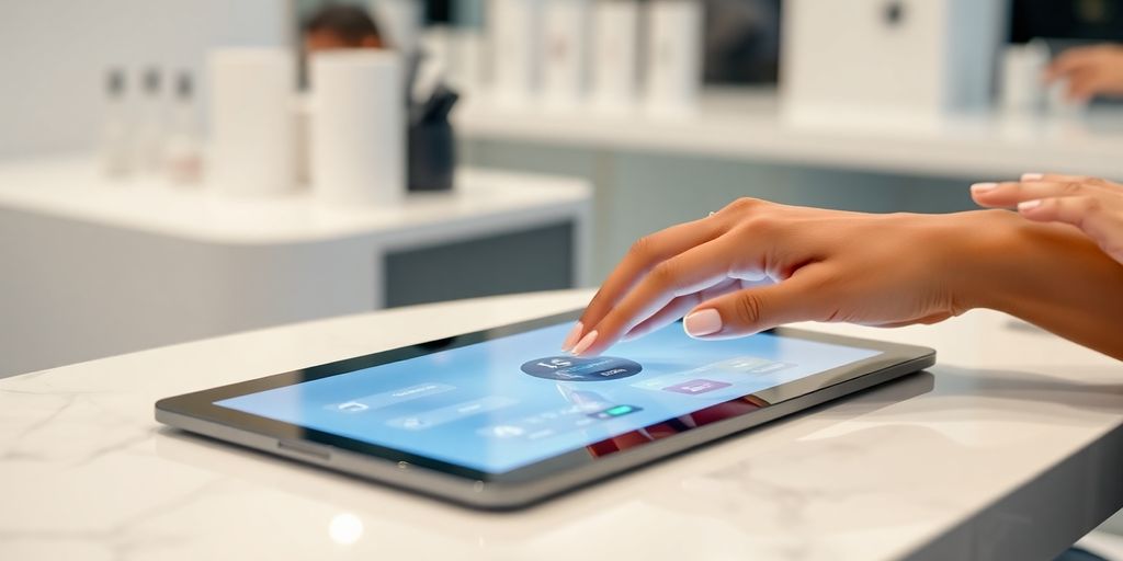 AI receptionist assisting nail salon customer.