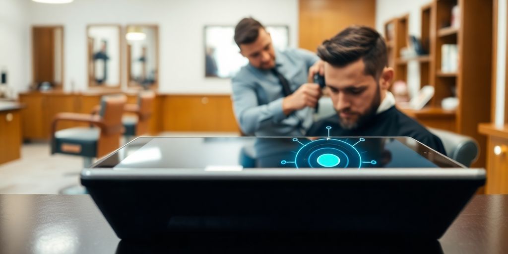 Barber cutting hair, AI tablet nearby.