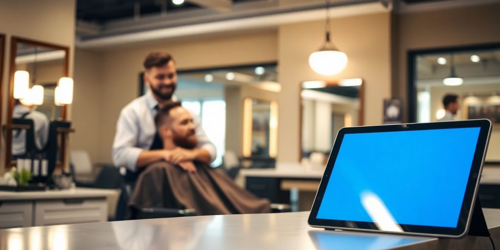 Barbershop interior, AI tablet, happy barber