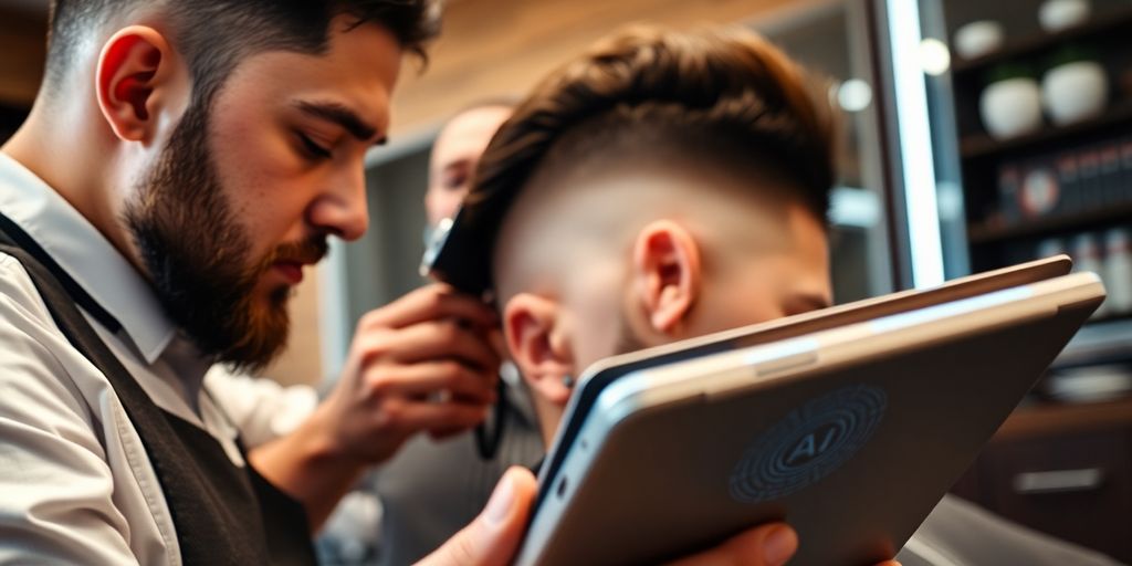 Barber cutting hair, AI tablet assisting.